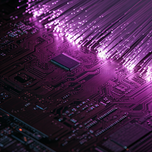 High-tech circuit board with neon purple neural pathways