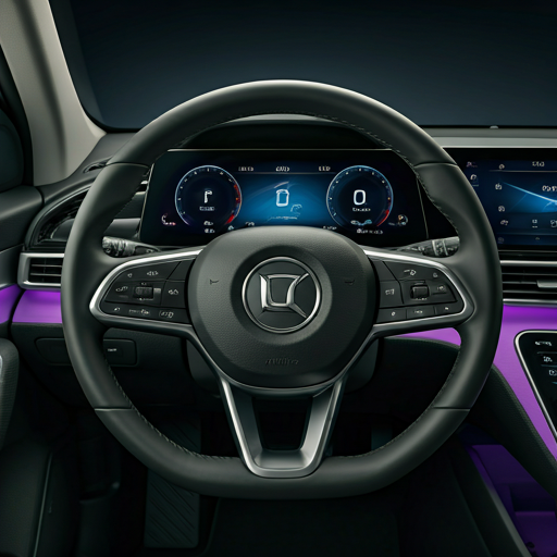 Modern EV steering wheel and dashboard with soft purple lighting